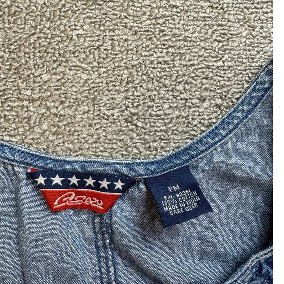 Vintage Asazy Denim Jumper Dress Embroidered Floral Midi Size Medium Petite - Picture 5 of 7